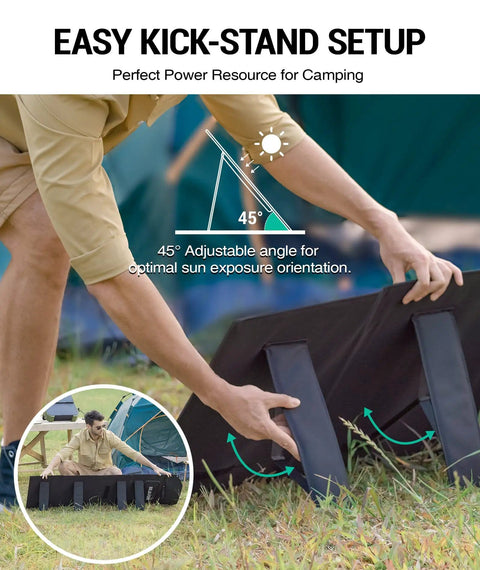 120W Portable Solar Panel Charger with PD45W QC3.0 fast charge, person setting up kickstand for optimal sun exposure