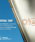 Beefy Waterproof 10x10 Camping Tarp Emergency Shelter with reflective aluminized polymer coating and reinforced edging.