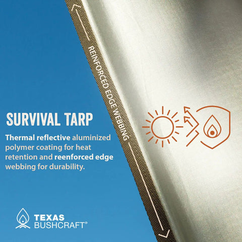 Beefy Waterproof 10x10 Camping Tarp Emergency Shelter with reflective aluminized polymer coating and reinforced edging.