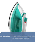 Side view of Light N Easy Compact Steam Iron With SmartSteam Technology featuring 3-way auto shutoff, teal color, ergonomic design.