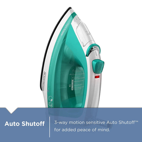 Side view of Light N Easy Compact Steam Iron With SmartSteam Technology featuring 3-way auto shutoff, teal color, ergonomic design.