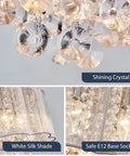 Close-up of Crystal Raindrop Drum Chandelier Light Flush Mount LED Ceiling Fixture featuring clear crystals and white silk shade