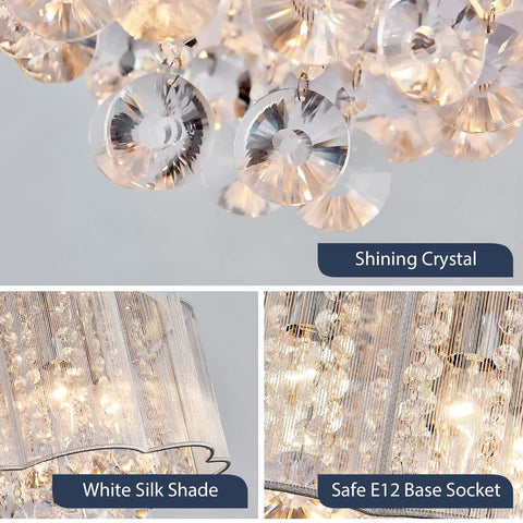 Close-up of Crystal Raindrop Drum Chandelier Light Flush Mount LED Ceiling Fixture featuring clear crystals and white silk shade