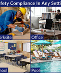 Collage of different settings: worksite, office, school, and pool with emphasis on safety compliance in each environment.