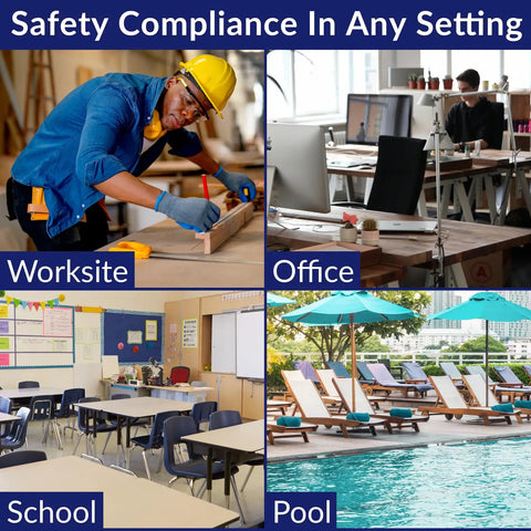 Collage of different settings: worksite, office, school, and pool with emphasis on safety compliance in each environment.
