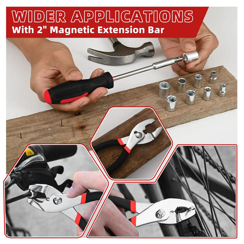 Real Deal 144 Piece Red Home Tool Set With Tough Plastic Carry Case And Essential Household Hardware Kit Featuring A Sturdy Claw Hammer Plus Assorted Screwdrivers For Apartment Garage Diy Fixes in use with pliers and screwdrivers on a wooden surface.