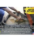 Absorbent mat being used to clean spill on floor near vehicle showcasing industries using spill products
