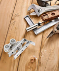 Heavy Duty Stainless Steel Sliding Door Pulleys With Smooth As Butter Bearings For Barn Door Wheels and Closet Track System on wood surface with tools