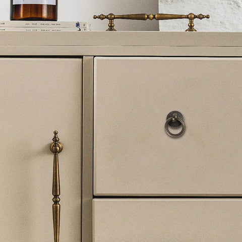 Vintage Style Ring Pull Cabinet Handles 4 Pack Antique Bronze Drawer Pulls on beige cupboard drawer