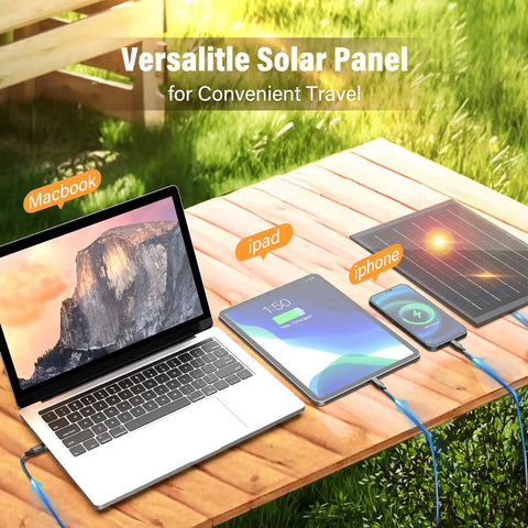 MacBook, iPad, and iPhone charging on picnic table with Solar Powered Camping Fan With Led Lantern 7W Panel 10400mAh
