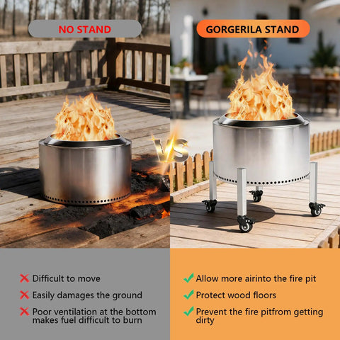 Comparison of stainless steel fire pit with and without Universal 15-27 Inch Fire Pit Stand With Wheels in outdoor setting.