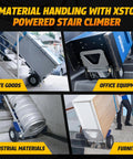 XSTO ZW7210GC Electric Stair Climber Hand Truck Cart moving white goods, office equipment, industrial materials, and furniture upstairs.