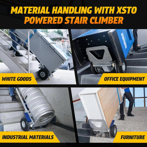 XSTO ZW7210GC Electric Stair Climber Hand Truck Cart moving white goods, office equipment, industrial materials, and furniture upstairs.