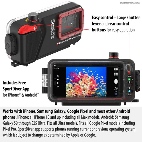 SportDiver Ultra Underwater Smartphone Housing for Scuba Diving, Dive to 130 Feet, with easy camera controls and leak alarms.