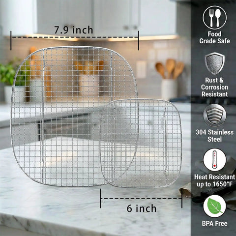 Premium 304 Stainless Steel Crisper Rack Set Compatible With Select Four Quart And Six Cup Air Fryers showing two sizes 7.9 inch and 6 inch.