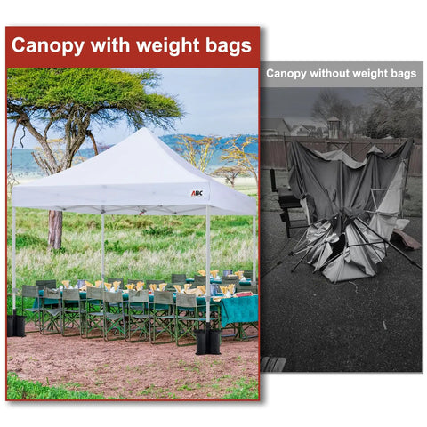 Comparison of gazebo setup with and without Beefy 120 Lbs Canopy Weights Sand Bags For Gazebo Tents 4 Pack Black No Sand Included.