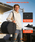 Tour Tough Five Piece Drum Case Set Crafted From Durable 600D Nylon With Heavy Padding for 22 Inch Kick Drum and Toms, worn by a musician.