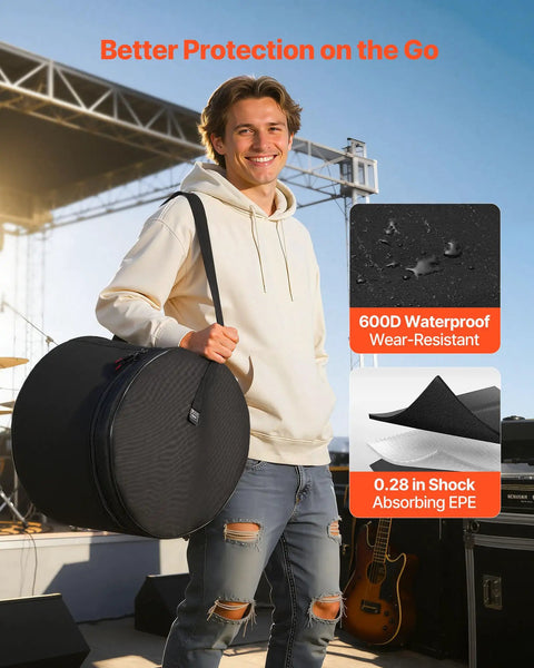 Tour Tough Five Piece Drum Case Set Crafted From Durable 600D Nylon With Heavy Padding for 22 Inch Kick Drum and Toms, worn by a musician.
