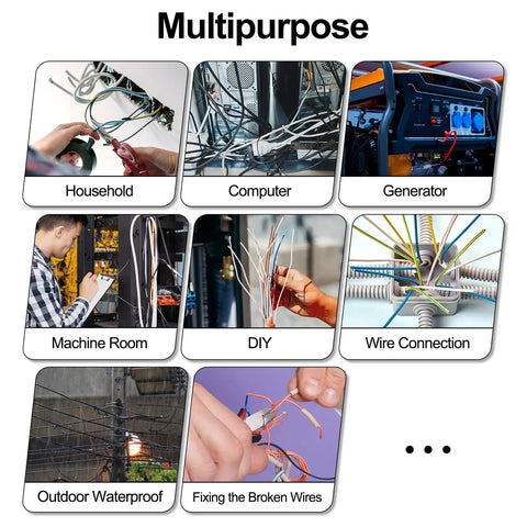 Image showing various applications for heat shrink tubing including household, computer, generator, DIY, and outdoor wiring.