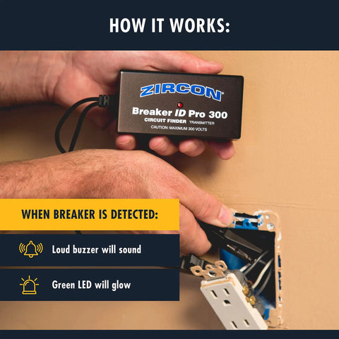 Breaker ID Pro 300 Electrical Circuit Breaker Finder Kit with transmitter shown in use for 120V and 240V systems