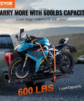 Heavy Duty Motorcycle Carrier Hitch Mount With 600 Lbs Capacity 47 Inch Longer Ramp Ratchet Straps And Stabilizer Dirt Bike Scooter Trailer Hauler For Car Or Truck With 2 Inch Hitch Receiver carrying a motorcycle on a truck