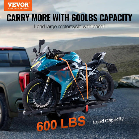 Heavy Duty Motorcycle Carrier Hitch Mount With 600 Lbs Capacity 47 Inch Longer Ramp Ratchet Straps And Stabilizer Dirt Bike Scooter Trailer Hauler For Car Or Truck With 2 Inch Hitch Receiver carrying a motorcycle on a truck