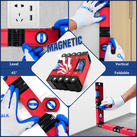 Go-To 28 Inch Folding Level Tool With Magnetic Base, multi-angle precision leveler, shown folded and in various positions
