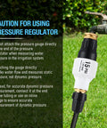 Two Pack Drip Irrigation Backflow Preventer And 15 PSI Pressure Regulator Kit attached to garden hose showing caution for use.