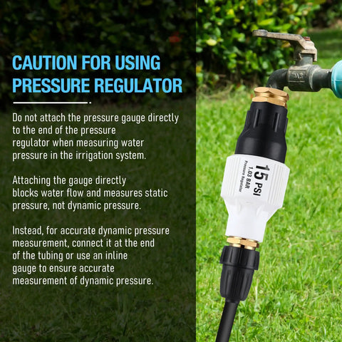 Two Pack Drip Irrigation Backflow Preventer And 15 PSI Pressure Regulator Kit attached to garden hose showing caution for use.