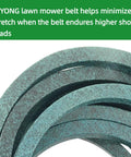 Close-up of Aramid Drive Belt For Mower Five-Eighths Inch By Ninety-Seven Inch Heavy-Duty Replacement M151276 with green texture