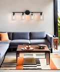 Modern living room with 4 Light Matte Black Vanity Light Over Mirror With Clear Glass Shades Modern Farmhouse Wall Sconce For Bathroom UL Listed Anti Rust Metal Frame Wet Location Fixture on wall