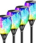 Outdoor RGB Solar Flame Lights 4 Pack With Seven Color Flickering Fire Effect, Waterproof Patio And Garden Lanterns, close-up view