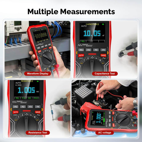 2 In 1 Handheld Oscilloscope And Multimeter Combo For Electronics DIY showing multiple measurement tests, 2.4 inch display