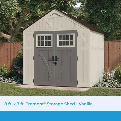 8x7 Ft Outdoor Storage Shed With Floor, Lockable Double Doors, Skylights, 378 Cu Ft Resin Weatherproof Garden Shed in yard