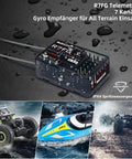 R7FG Telemetrie Gyro Empfänger für All Terrain Einsatz mit IPX4 Schutz und Abbildungen von RC Fahrzeugen im Gelände und Wasser