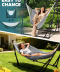 2 In 1 Hammock And Swing Chair With Collapsible Steel Stand outdoor use showing easy setup with relaxed individuals