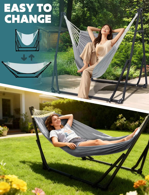 2 In 1 Hammock And Swing Chair With Collapsible Steel Stand outdoor use showing easy setup with relaxed individuals