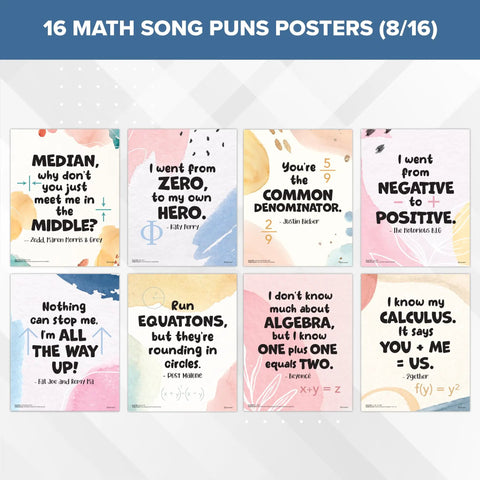 16 Funny Math Posters For High School Classrooms 11x14 Matte Laminated Decor display with math puns and colorful backgrounds.
