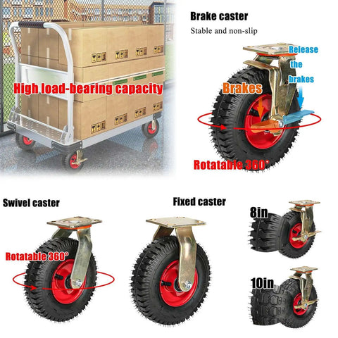Two Pack Heavy Duty Swivel Caster Wheels Featuring Quiet Solid Rubber Tires Double Precision Bearings for a mobile cart with 8 and 10 inch tires.