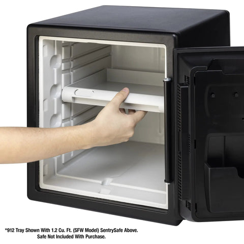 Person placing Multi-Position Shelf Insert For 0.8 And 1.2 Cu Ft Fireproof Safes White Tray Accessory inside open black safe