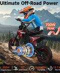 Kids Electric Dirt Bike With 700W Peak Power And Three Speed Modes Rides Up To 15.5 MPH On Mixed Terrain For Real Dirt Bike Feel And About 13.7 Mile Range In Bright Red, side view