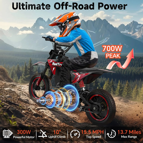 Kids Electric Dirt Bike With 700W Peak Power And Three Speed Modes Rides Up To 15.5 MPH On Mixed Terrain For Real Dirt Bike Feel And About 13.7 Mile Range In Bright Red, side view
