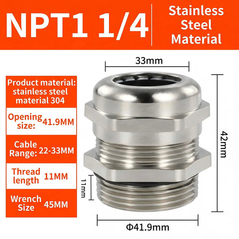 Stainless Steel Cable Gland NPT1 Waterproof IP68 Cord Grip Connector with dimensions and material detail.