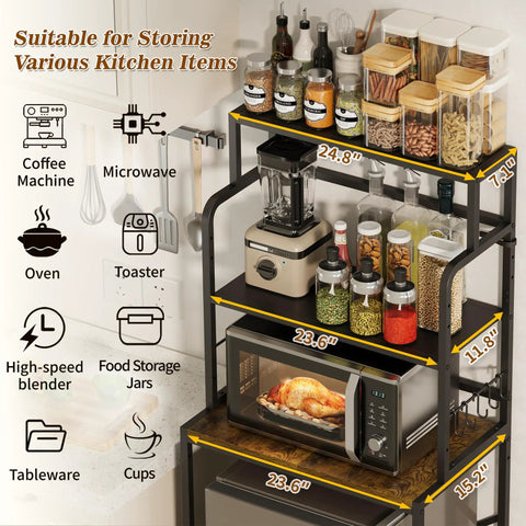 Three Tier Mini Fridge Stand With Heavy Duty Wood And Metal Platforms For Kitchen Dorm Organization featuring jars, blender, and microwave.