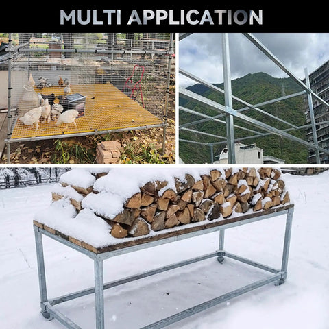 Three images showing various applications of Boss Grade 25Mm Square Tube Connectors 8 Piece Set in assembly for structures and storage.