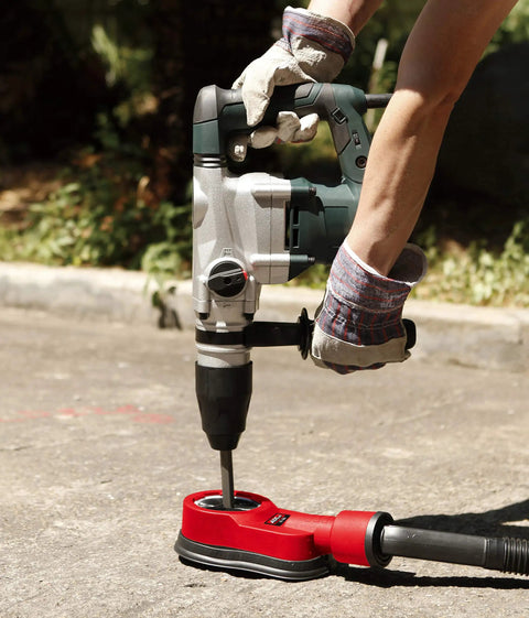 Rotary Hammer Dust Collection Attachment With Universal Dust Shroud For Drilling, capturing dust on concrete pavement