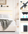 Snag This Super Roomy Queen Size Bed Frame With Plush Beige Velvet Upholstery And Two Easy Glide Storage Drawers Plus Smart Headboard Shelf For Total Bedroom Game Change And Stress Free Living. Image showing headboard features and slats.