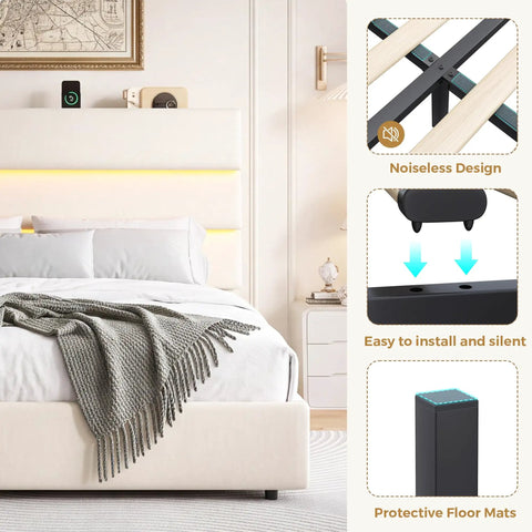 Snag This Super Roomy Queen Size Bed Frame With Plush Beige Velvet Upholstery And Two Easy Glide Storage Drawers Plus Smart Headboard Shelf For Total Bedroom Game Change And Stress Free Living. Image showing headboard features and slats.