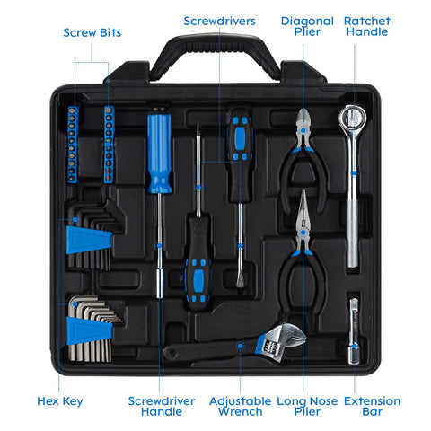 122 Piece Auto Tool Kit Set With Ratchet And Socket Wrenches In Blue Blow Molded Case For DIY Home Repairs Includes One Quarter Inch Sockets And Three Eighths Inch Drive Sockets For Cars Bikes And General Maintenance displayed open with tools visible.