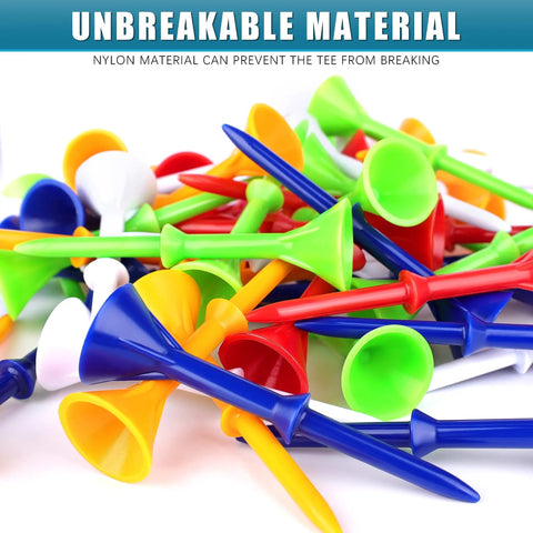 Colorful assortment of Three And A Quarter Inch Premium Plastic Golf Tees With Step Design built tough from nylon and plastic.